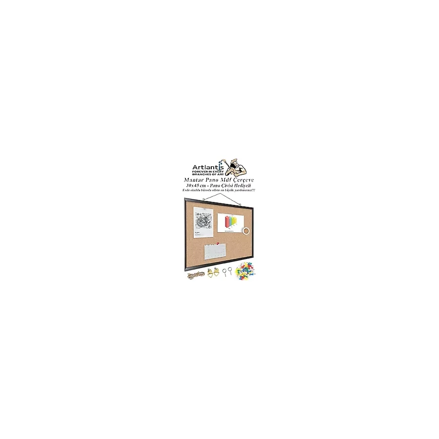 Mantar Pano Mdf Çerçeve 30x45 cm 1 Adet Harita Çivisi Hediyeli Duvara Monte Mantar Çerçeve Evde Okulda Büroda Ofiste