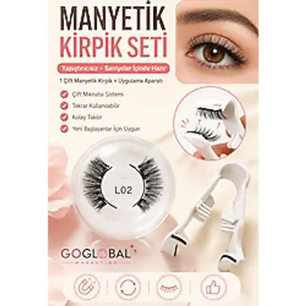 Manyetik Takma Kirpik Seti L02 Çift Mıknatıslı Yapıştırıcısız Doğal Görünüm Uygulama Aparatlı