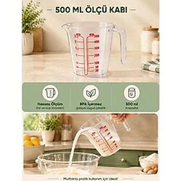 MappleHome 500 ML Ölçü Kabı - Dereceli Şeffaf Mutfak Ölçü Sürahisi, Hassas Ölçüm Kabı