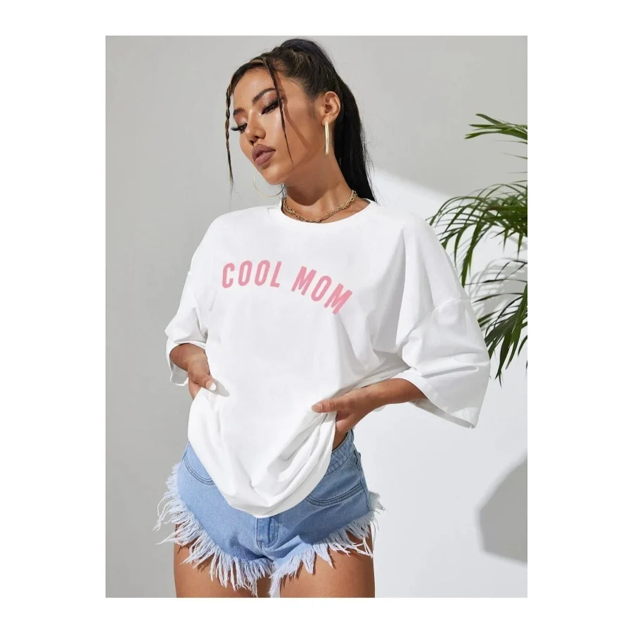 MARECASH Kadın Pembe Cool Mom (BEYAZ BASKILI) Hamile Tişört %100 Pamuk