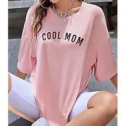 MARECASH Kadın Pembe Cool Mom (SİYAH BASKILI) Hamile Tişört %100 Pamuk