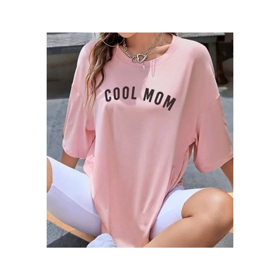 MARECASH Kadın Pembe Cool Mom (SİYAH BASKILI) Hamile Tişört %100 Pamuk