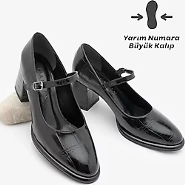 Marjin Kadın Loafer İnce Bantlı Kalın Topuklu Günlük Ayakkabı Vikas Siyah Croco - 39