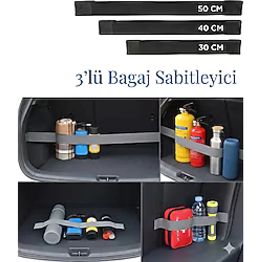 Markaflex Oto Araba Bagaj Sabitleyici 3'lü Set Elastik Cırtlı Araç Içi Toplayıcı Bagaj Lastiği Bagaj Düzenleyici