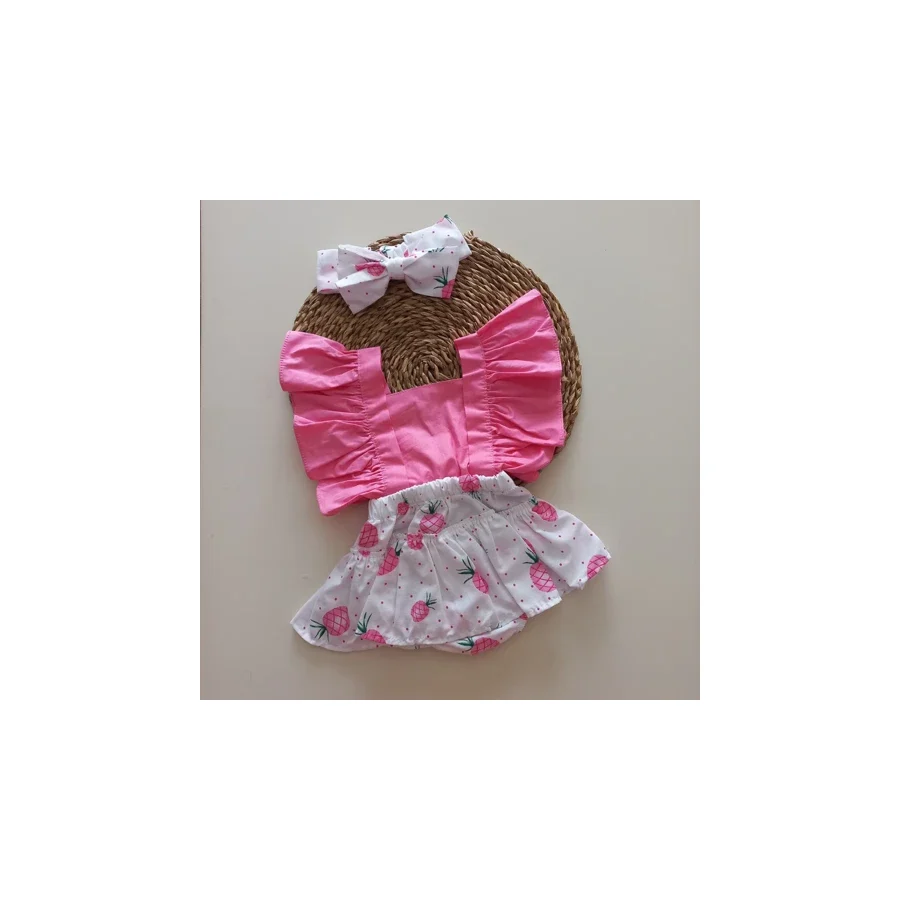 Mars Baby Kız Bebek Pembe Ananas Desenli Fırfırlı Salopet Bandana Takım