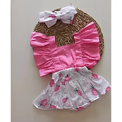 Mars Baby Kız Bebek Pembe Ananas Desenli Fırfırlı Salopet Bandana Takım
