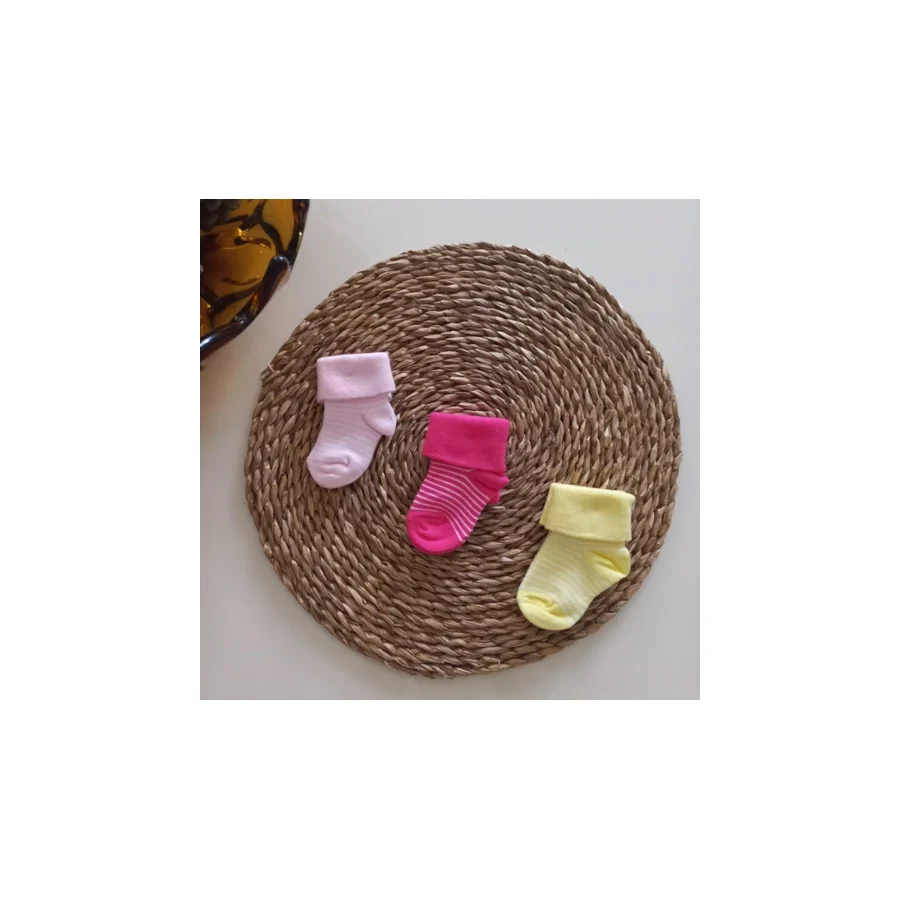 Mars Baby Kız Bebek Pembe Fuşya Sarı 3Lü Kıvrık Soket Çorap