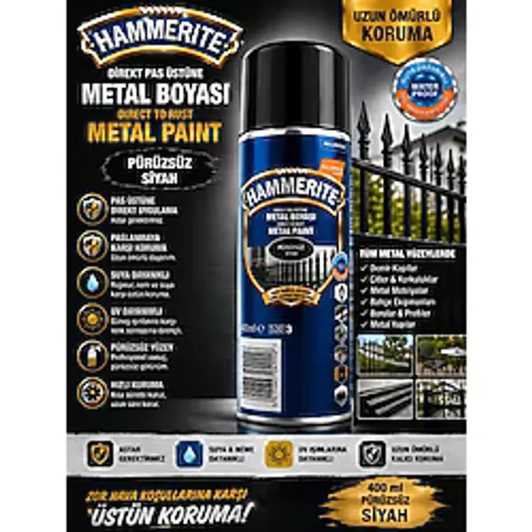 Marshall Hammerite 400 ML Direkt Pas Üstü Pürüzsüz Metal Sprey Boyası Siyah Renkli Uzun Ömürlü