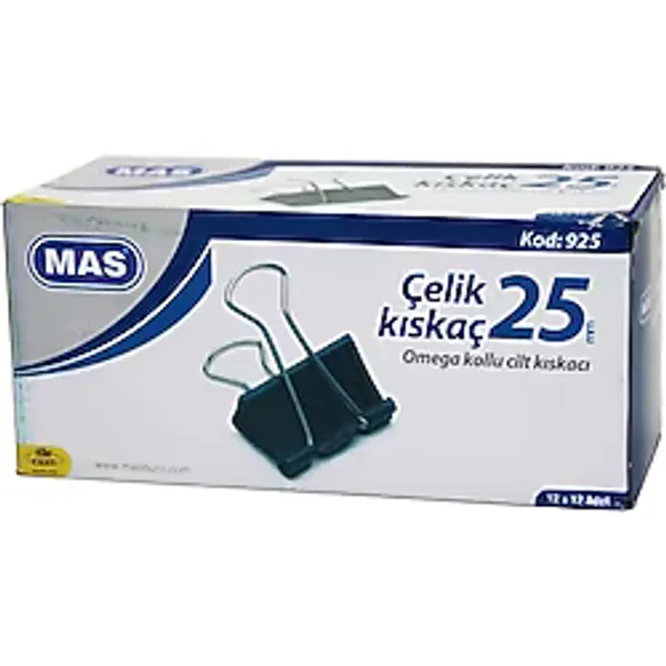 MAS-925 Çelik Metal Kıskaç Kağıt Cilt Kıskacı 25mm 12 Adet Omega Kollu - 12'li Paket