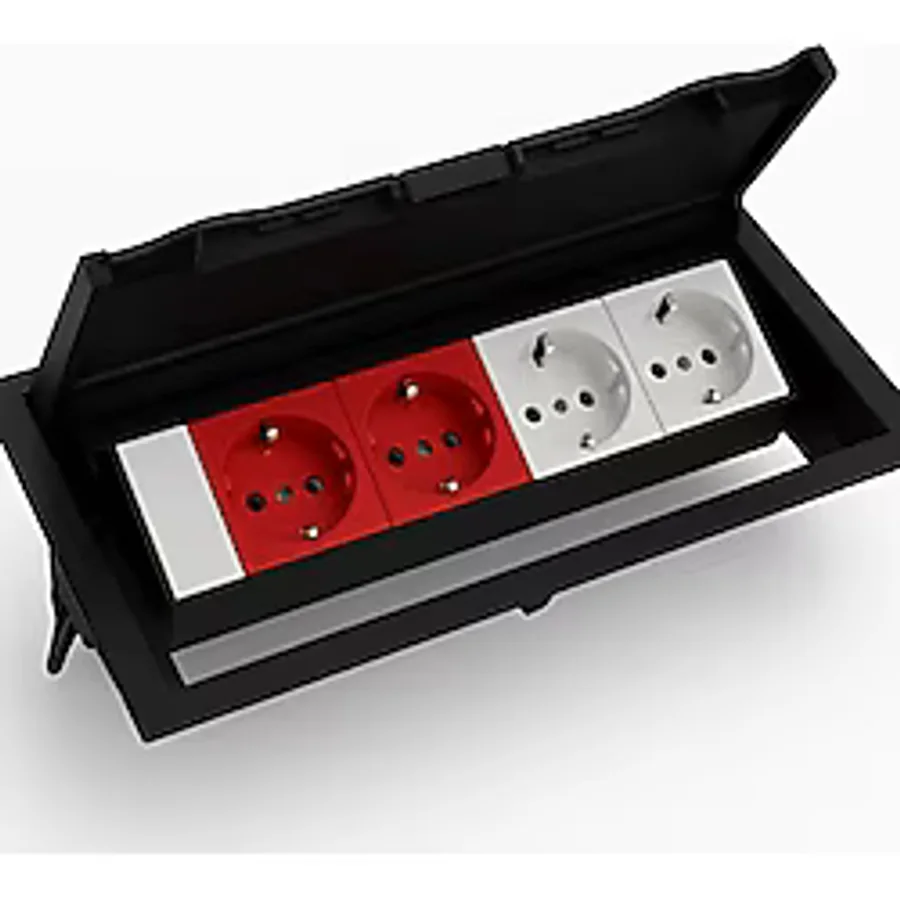 Masa Üstü Kapaklı Priz Kutusu - 2 Şebeke, 2 UPS, 1 Data Prizi Dahil - ABS Kırılmaz Siyah Plastik - Gömme Tip - 12,5x25,2 cm Kesim - 14,2x27 cm Dış Çap NE-AD