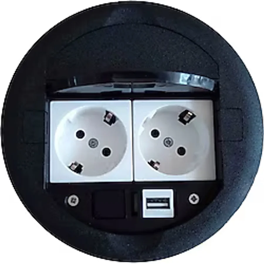 Masa Üstü Priz Kutusu Gömme Tip Siyah + 2 Ad. Priz + 1 Ad. USB Geçiş