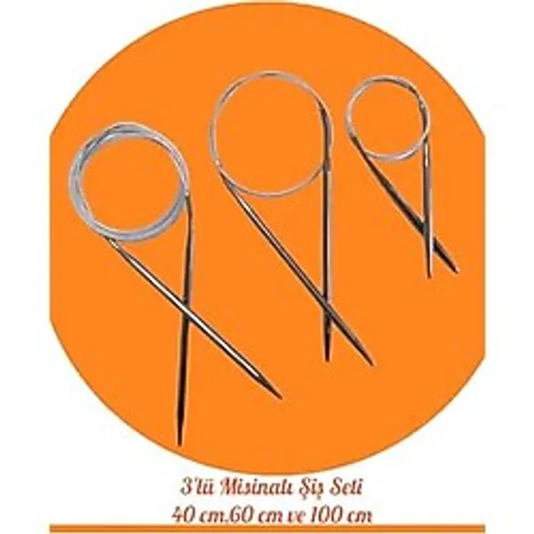 Masal Örgü Evi Çelik Telli Misinalı Örgü Şişi Seti, 40cm 60cm ve 100cm Uzunluk, 3'lü Set, Dikişsiz Bere ve Yaka Örgüsü İçin, Deforme Olmayan Çelik Tel (3,5)