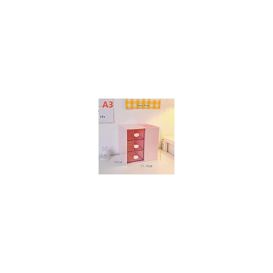 Masaüstü Kalemlik Organizer 7 Bölmeli Kawaii Kapaklı Mini Çekmeceli Kalemlik - Pembe Pembe