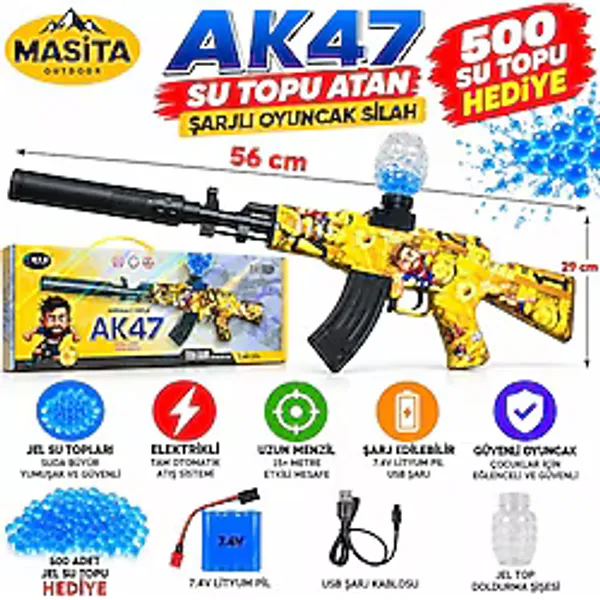 Masita Gel Blaster AK47 Su Topu (Su Maymuncuğu) Atan Oyuncak Silah Şarjlı Tam Otomatik. 56 cm Karma Renk ve Model Gönderilir
