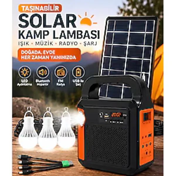 MATECHNO Solar Panelli Fm Radyo Bluetooth Hoparlör Işıldak Ve 2x Led Lamba Kablosuz Şarj Güneş Enerjili Kamp