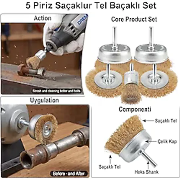 Matkap Ucu Saçaklı Tel Fırça Seti 5'li - Çanak, Düz ve Kalem Tipi Pas Temizleyici, Metal ve Ahşap Yüzey Parlatma Zımpara Seti