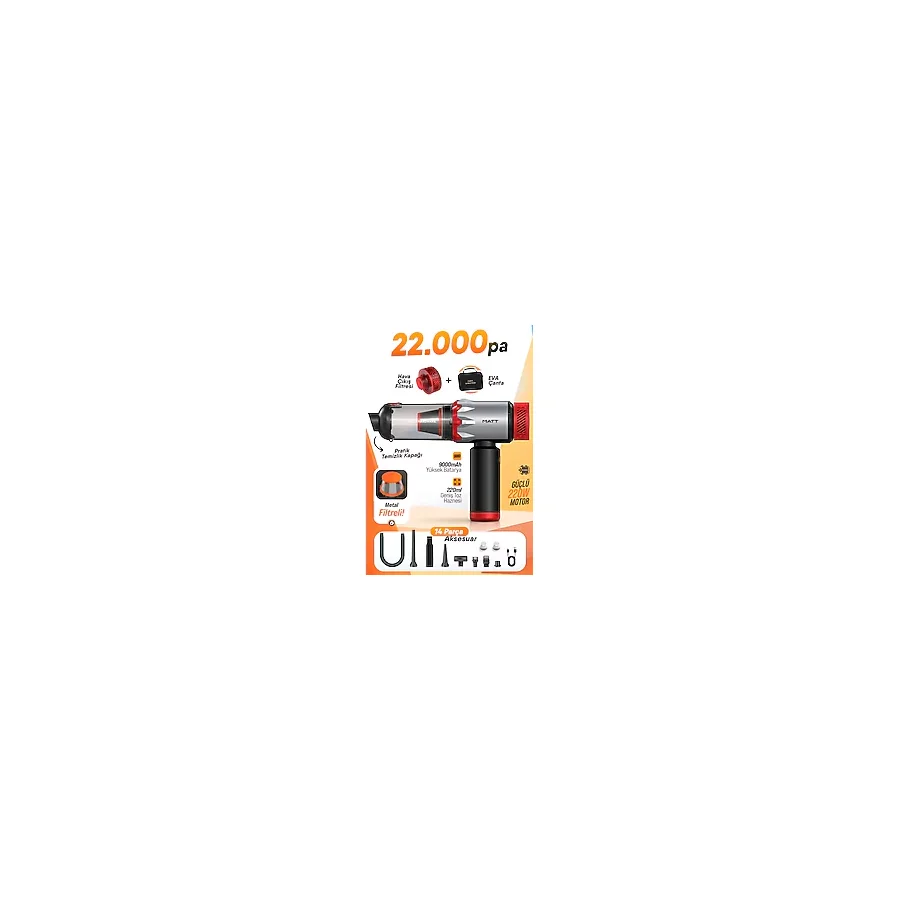 Matt Authentic Craftsman MATT MCV22 Şarjlı Araç Süpürgesi Kırmızı 22.000Pa Güçlü Vakumlu Mini El Süpürgesi Type-C Şarjlı 220M