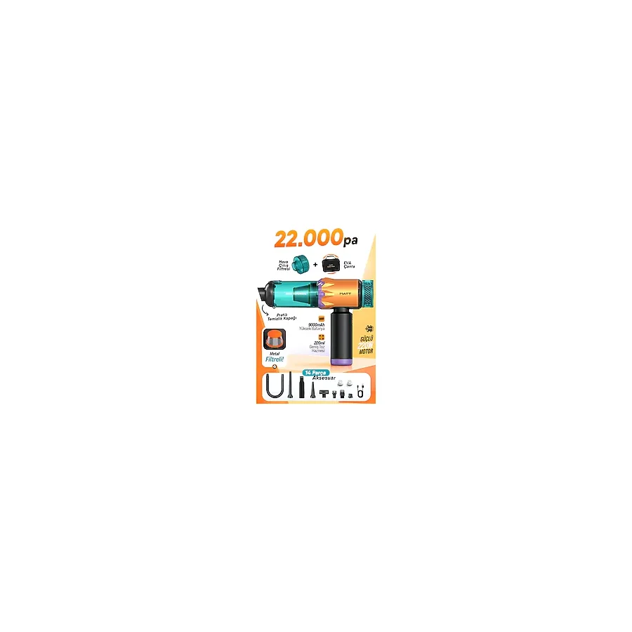 Matt Authentic Craftsman MATT MCV22 Şarjlı Araç Süpürgesi Sarı 22.000Pa Güçlü Vakumlu Mini El Süpürgesi Type-C Şarjlı 220ML
