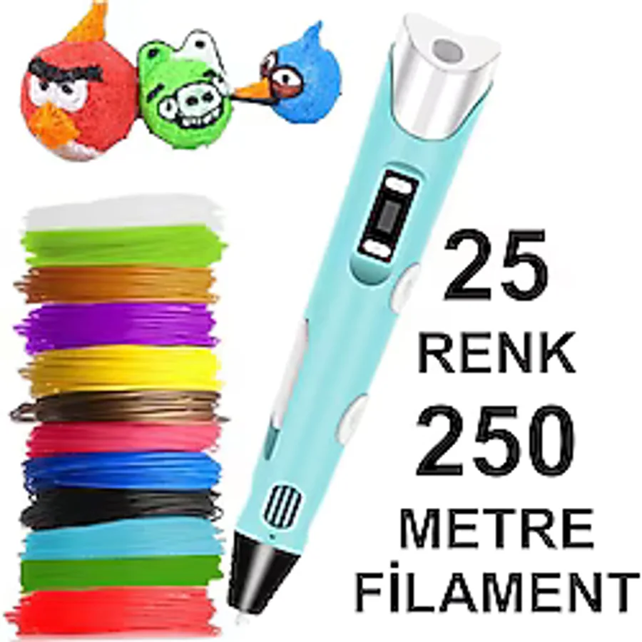 Mavi 3D Kalem Yazıcı+25 Renk 250 Metre (25X10Metre) Pla Filament