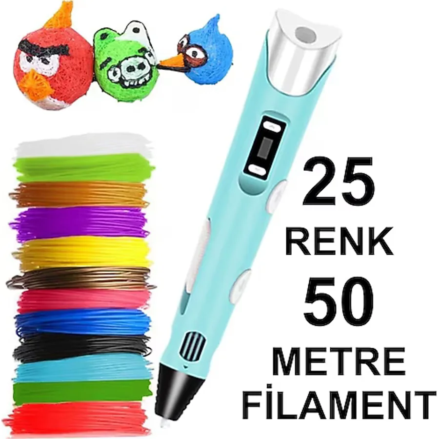 Mavi 3D Kalem Yazıcı+25 Renk 50 Metre (25X2Metre) Pla Filament