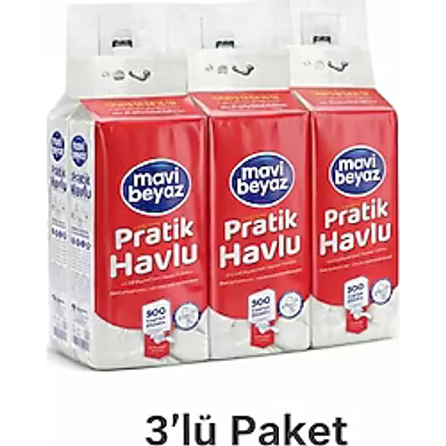 Mavi Beyaz Pratik Havlu 500 Yaprak - Yeni Nesil Çok Amaçlı Kağıt Havlu (Asma Aparatı Hediyeli) -3 Adet