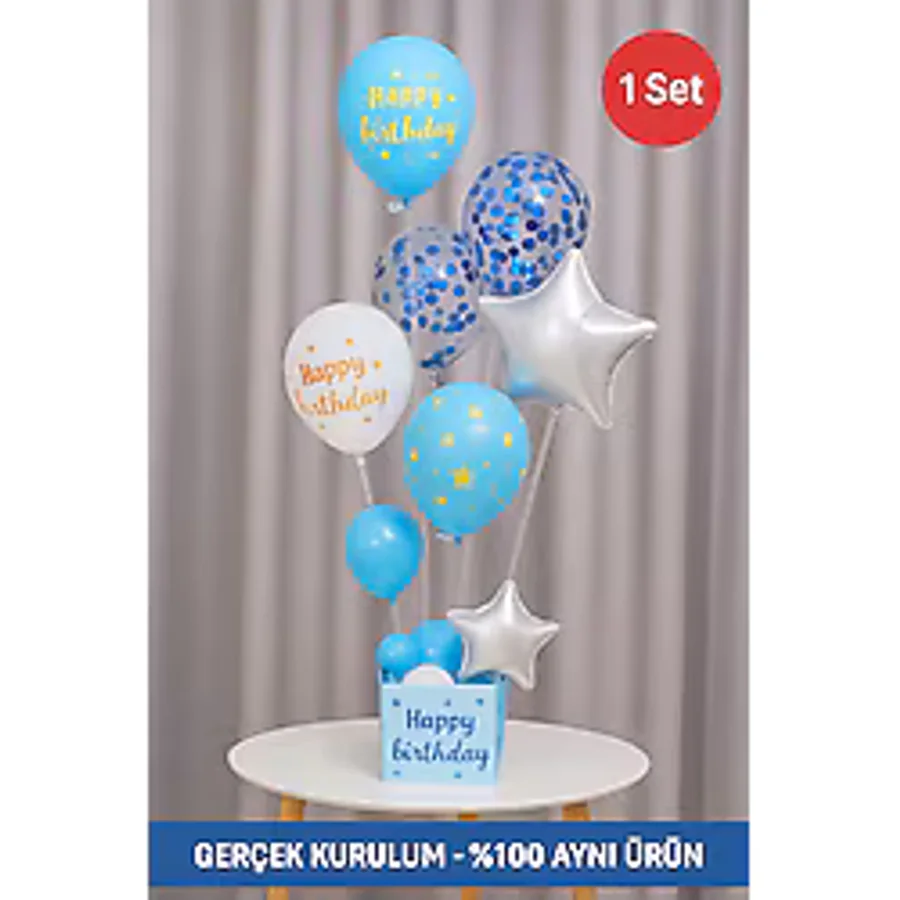 Mavi Doğum Günü Balon Kutusu - Happy Birthday Konsept Parti Süsleri Masa Üstü Stand