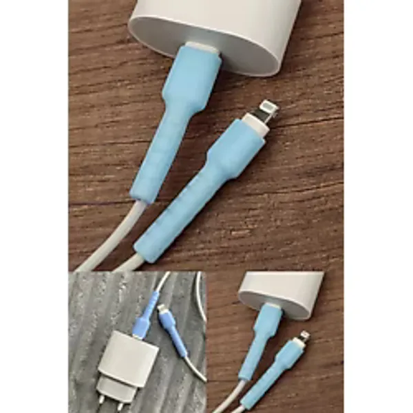 Mavi İphone Uyumlu Kablo Ucu Koruyucu Silikon Şarj Kablosu Kırılma Önleyici Mavi Koruma Seti