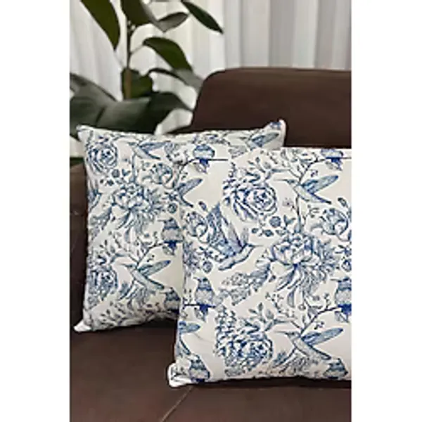 Mavi Kuş Desenli Kırlent Kılıfı (2'li Set) - Mavi - 43 x 43