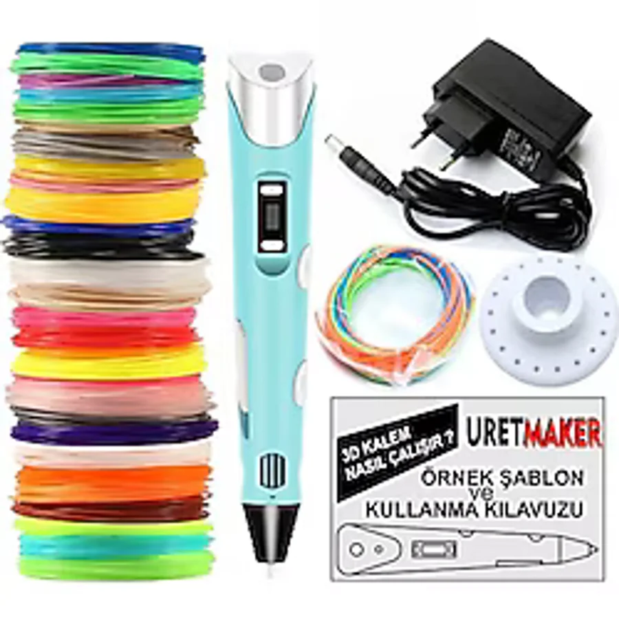 Mavi Renk 3D Pen Kalem Yazıcı Ve 20 Metre Pla Filament (10 Renk X 2 Metre)