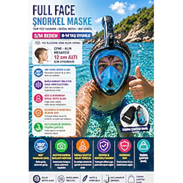 Mavi Siyah Full Face Şnorkel Maske S/M Beden 8-14 Yaş Çocuk Tam Yüz Dalış Seti Katlanabilir