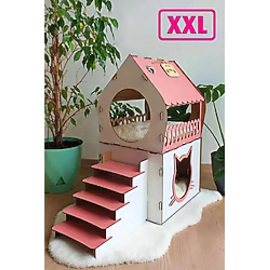 Mavi Trend Büyük Kedi Evi Xxl Teraslı Kedi Evi 5kg ve Üzeri Kediler İçin Xxl Pembe - Beyaz