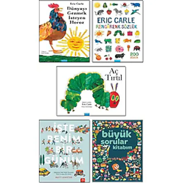Mavibulut Yayınları - Aç Tırtıl / Eric Carle + Dünyayı Gezmek Isteyen Horoz + Rengarenk Sözlük + Büyük Sorular Kitabım + Işte Benim Bir Günüm / Matt Lamothe - 5 Kitap Set Çocuk Hikaye Kitapları