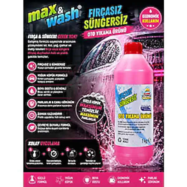 Max&wash 1 kg Fırçasız Süngersiz Oto Yıkama Şampuanı 1/60 Konsantre Yoğun Köpük Boya Dostu Profesyonel Araç Yıkama Ürünü