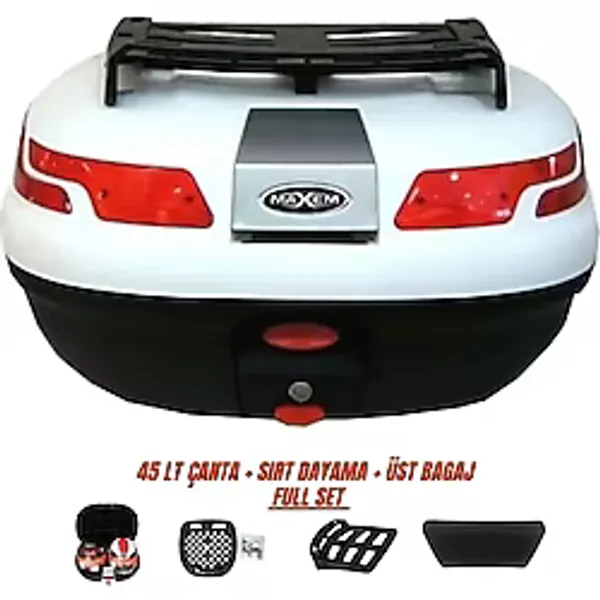 Maxem Motosiklet Arka Çanta 45 Litre Sırt Dayama ve Üst Tabla Full Set Beyaz - Standart