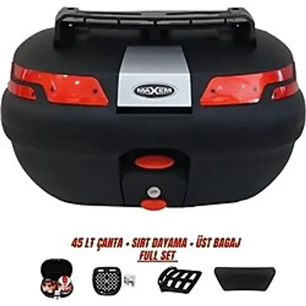 Maxem Motosiklet Arka Çanta 45 Litre Sırt Dayama ve Üst Tabla Full Set Siyah