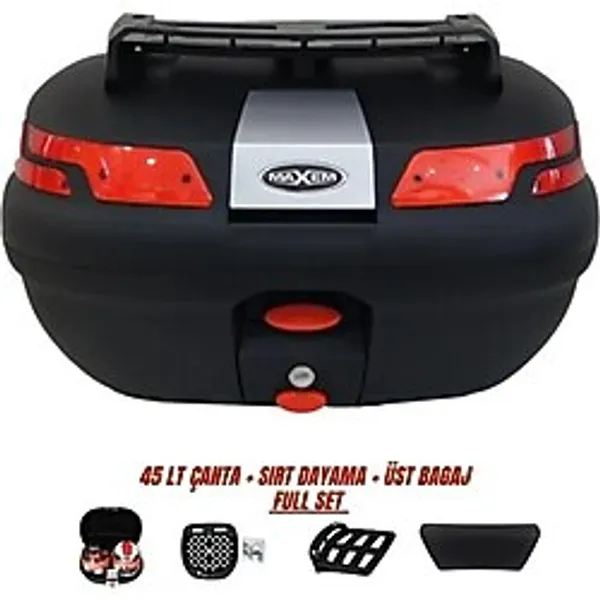 Maxem Motosiklet Arka Çanta 45 Litre Sırt Dayama ve Üst Tabla Full Set Siyah - Standart