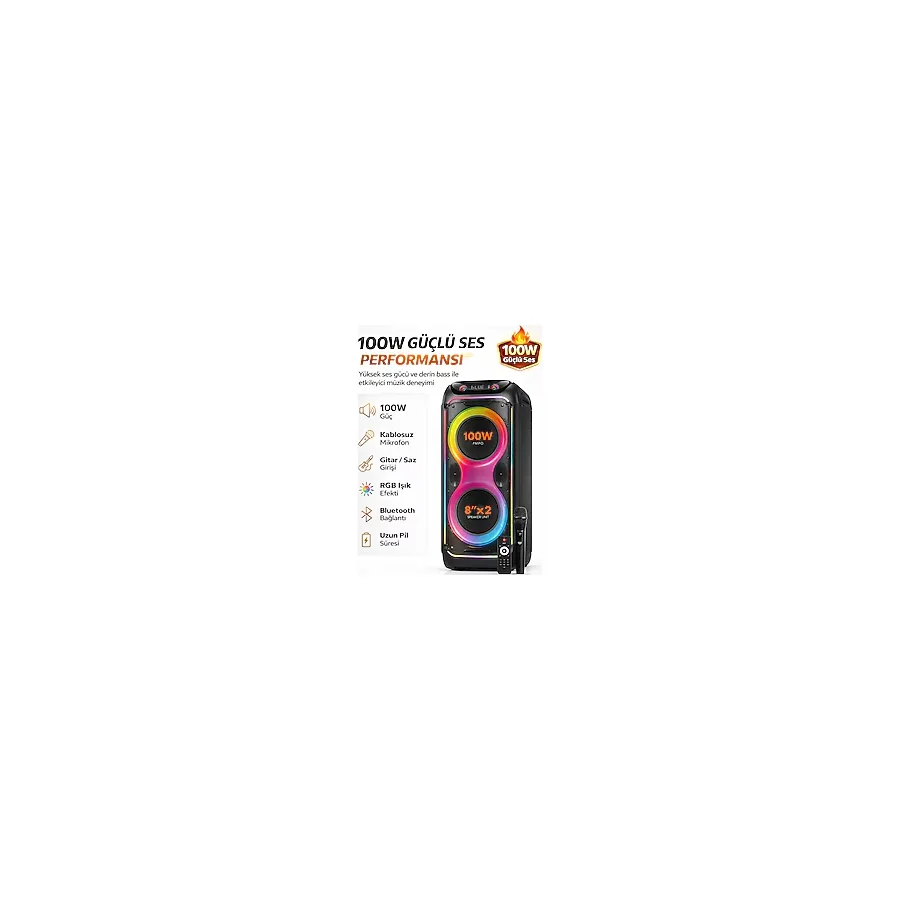 Maybax CİO 100W Hoparlör Gitar Saz Girişli Çift Mikrofon Karaoke Parti Ses Sistemi 80 CM Dijital Ekran Bass