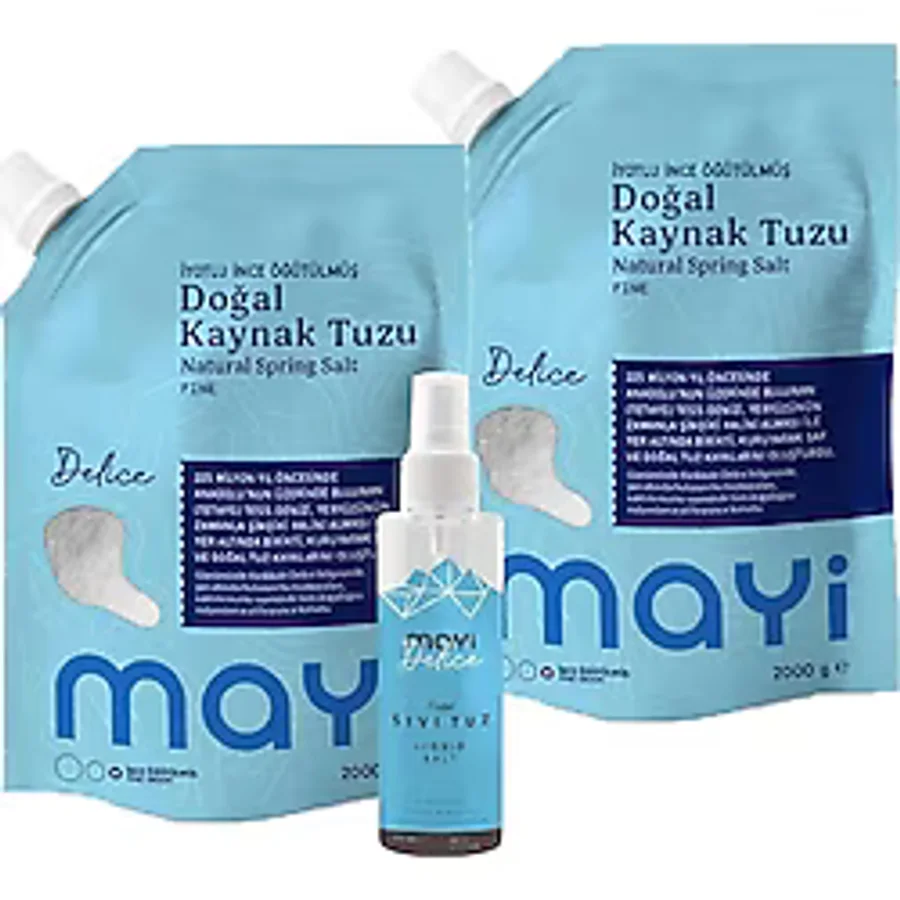 Mayi Tuz İyot İlaveli İnce Öğütülmüş Doğal Kaynak Tuzu 2 x 2 KG + Sprey Sıvı Tuz 150 ML
