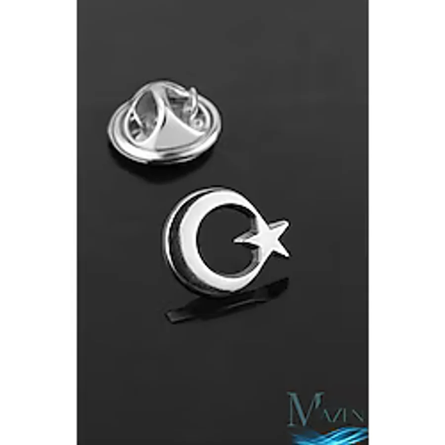 MAZEN Ay Yıldız Yaka Rozeti Gümüş Renk Metal Kararmaz Kadın Erkek Takı Aksesuar Rozet