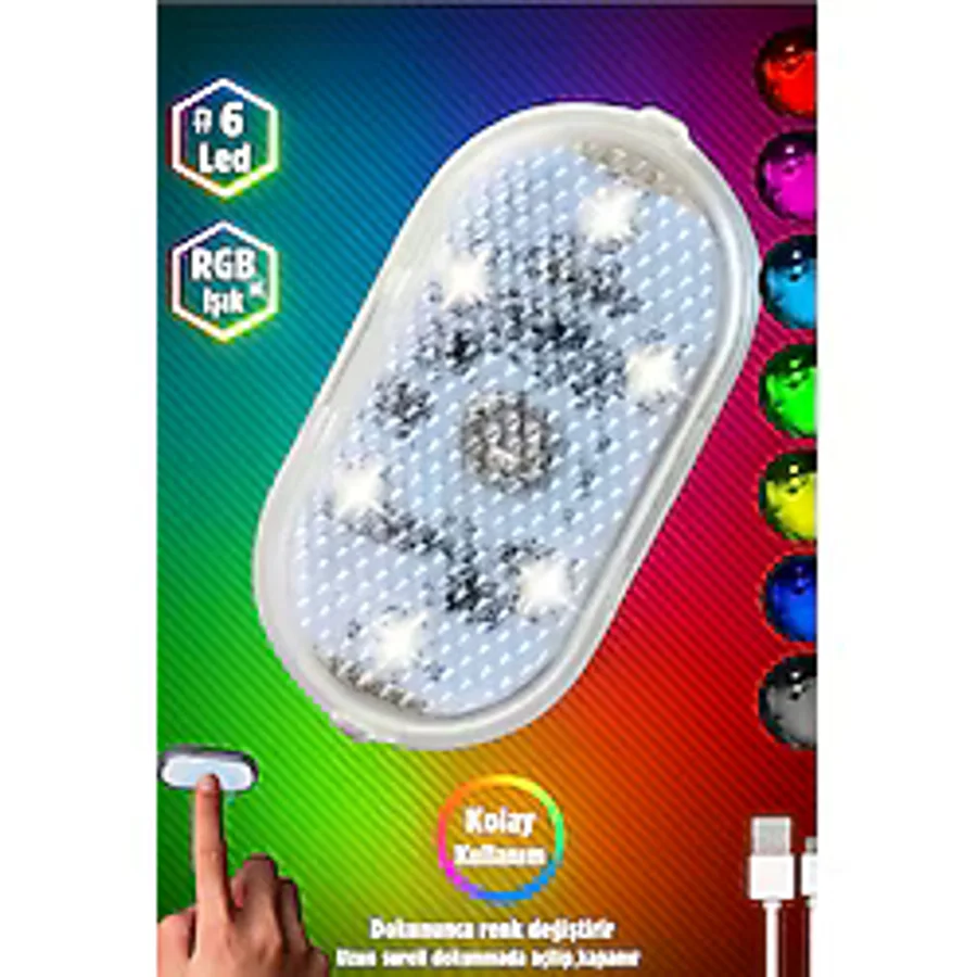 Mbois Dokunmatik Mini 6 Led Lamba Usb Şarj Edilebilir RGB Işık Ayak Altı Torpido Lambası 7 Renk