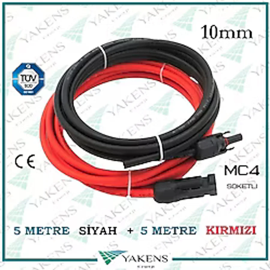 Mc4 Soketli 5m+5m 10 Metre 10mm Güneş Paneli Hazır Solar Kablo Siyah Kırmızı