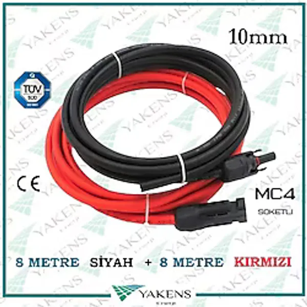 Mc4 Soketli 8m+8m 16 Metre 10mm Güneş Paneli Hazır Solar Kablo Siyah Kırmızı