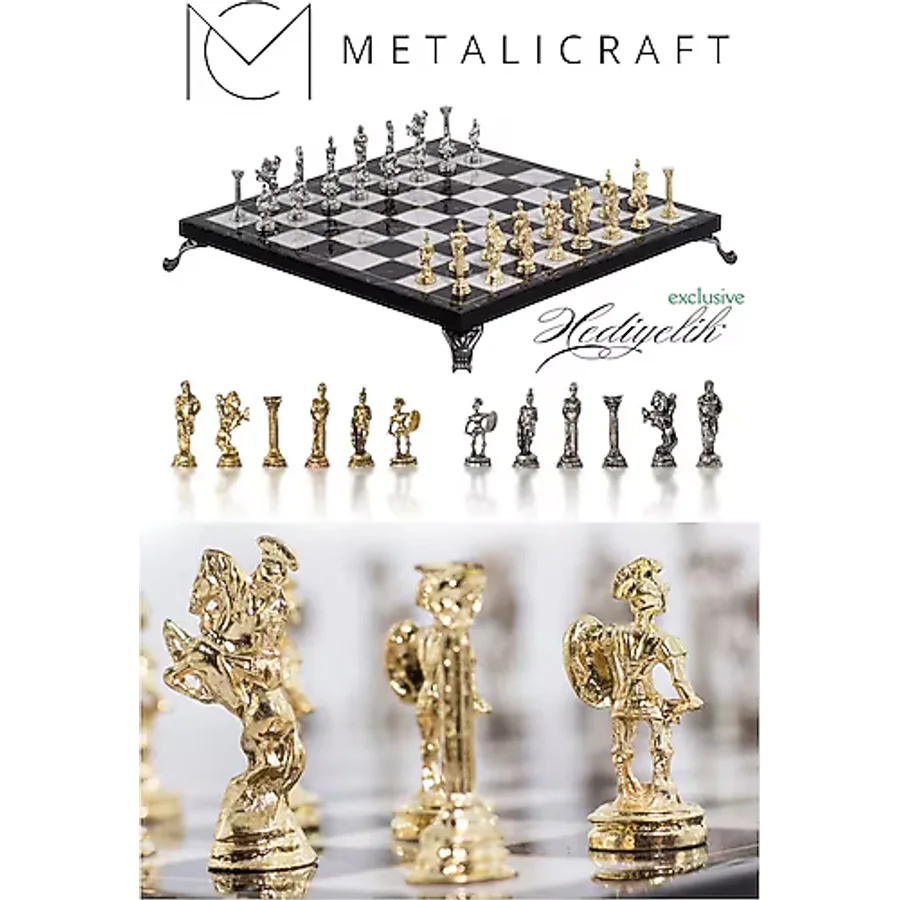 Mc42 Antik Roma Metal Satranç Takımı - Mermer Desenli 25Cm Tahta - El Yapımı Taşlar