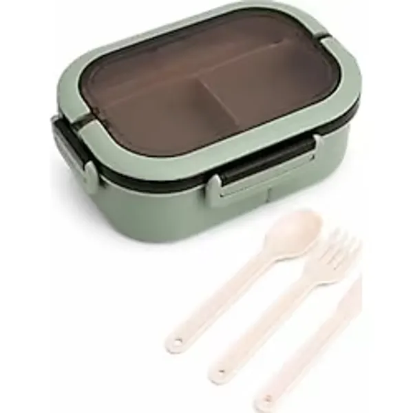 Mcreative 1200 ml 2 Katlı 6 Bölmeli Bpa'sız Pp Plastik Sefer Tası ve Beslenme Çantası - Hava Kilitli Bento Lunch Box, Çatal ve Kaşık Dahil (Yeşil)
