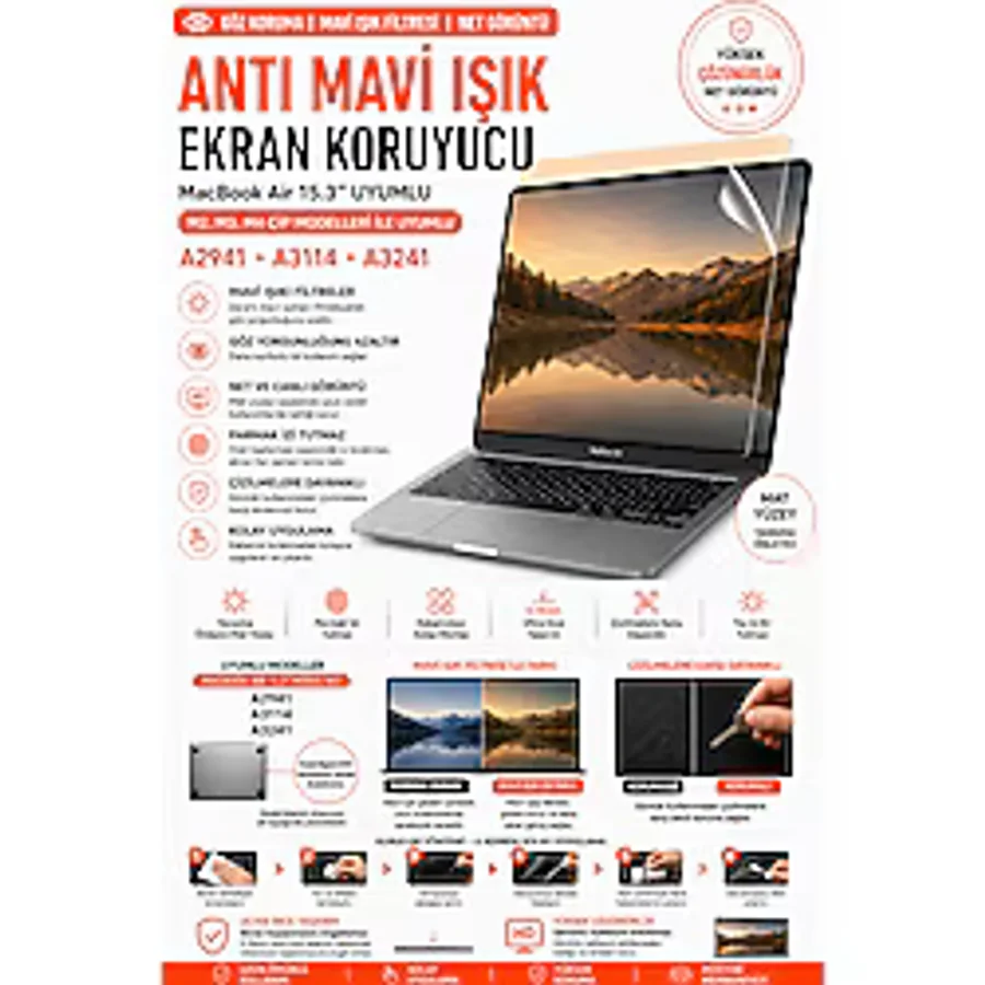 Mcstorey Macbook Air 15.3inç Ekran Koruyucu M2-m3-m4 Mavi Işık Filtreli Anti Blueray A2941 A3114 A3241 Uyumlu