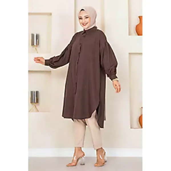 Md Oval Kesim Tesettür Gömlek Tunik Kahve - 38 - 40