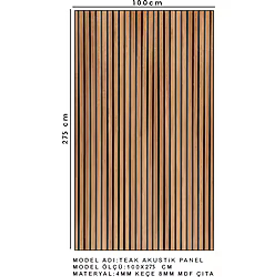 Mdf Ahşap Akustik Duvar Paneli - 100 x 275 cm - Teak