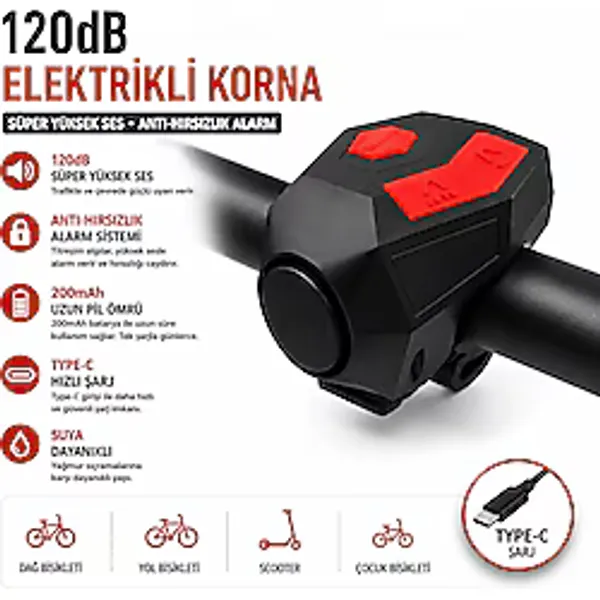 MDSTECH 120 dB USB Type-C Şarjlı Bisiklet Kornası Alarm Zili Anti Hırsızlık Elektrikli Korna Scooter Motosiklet Bisiklet Zili Güçlü Sesli