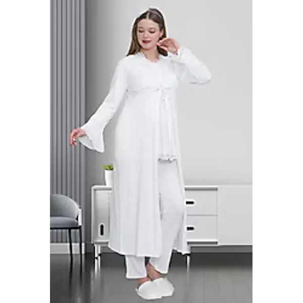 Mecit 1517 Sabahlıklı Ekru Lohusa Pijama Takımı