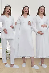 Mecit 1519 Sabahlıklı Ekru Lohusa Gecelik ve Pijama Seti